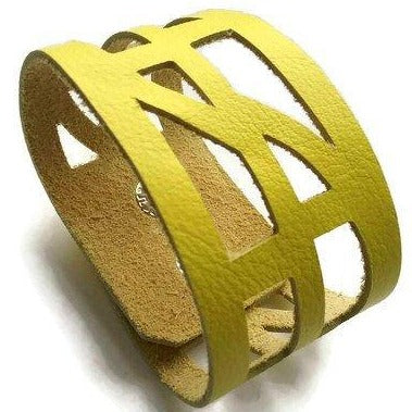 Yellow Reclaimed Leather wrist Cuff. Self Empowering Leather Bracelet. Leather band - Handmade Recycled Glass Jewelry 