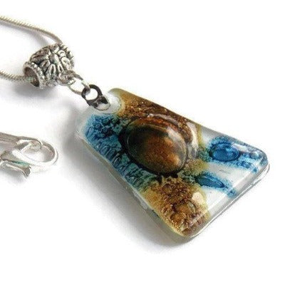 White brown and blue Pendant. Recycled GLass necklace. - Handmade Recycled Glass Jewelry 