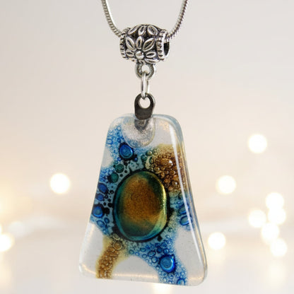 White brown and blue Pendant. Recycled GLass necklace. - Handmade Recycled Glass Jewelry 