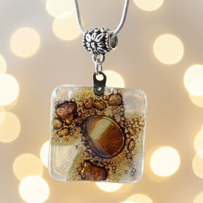 White, Brown and Purply Fused Glass pendant with lots of Bubble! Perfect Necklace, Easy to Match! - Handmade Recycled Glass Jewelry 