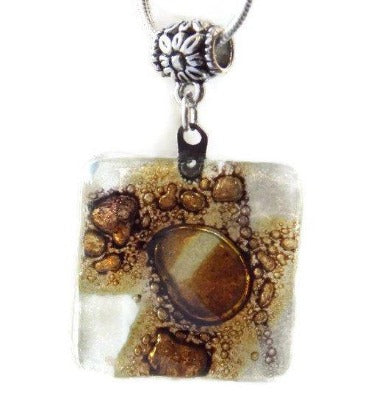 White, Brown and Purply Fused Glass pendant with lots of Bubble! Perfect Necklace, Easy to Match! - Handmade Recycled Glass Jewelry 