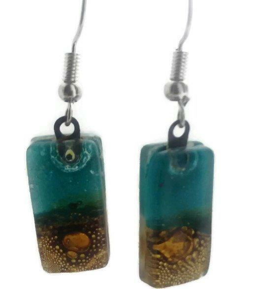 Teal and Caramel earrings - Handmade Recycled Glass Jewelry 