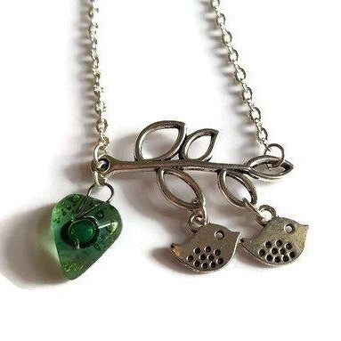 Green Recycled Glass Bead, Family Pendant. Bird Necklace. Recycled Glass Jewelry . - Handmade Recycled Glass Jewelry 
