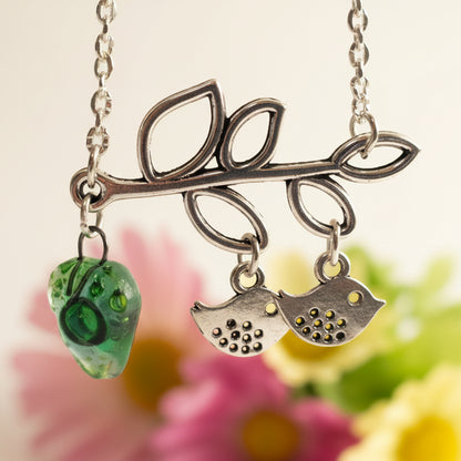 Green Recycled Glass Bead, Family Pendant. Bird Necklace. Recycled Glass Jewelry .