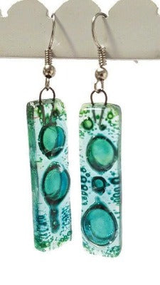 Green long earrings... Lots of  bubbles. Recycled Fused Glass Dangling earrings