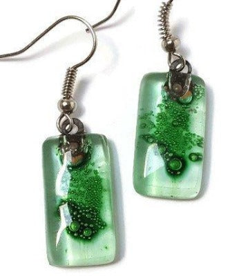 Green Small Rectangular Recycled Glass Drop Earrings. Fused Glass Dangle earrings