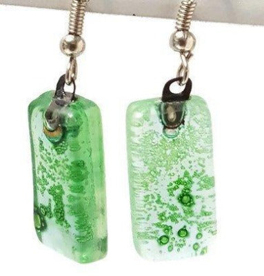 Green Small Rectangular Recycled Glass Drop Earrings. Fused Glass Dangle earrings