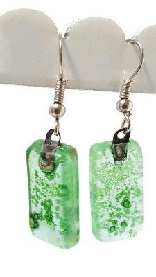 Green Small Rectangular Recycled Glass Drop Earrings. Fused Glass Dangle earrings