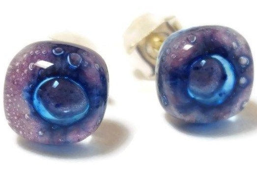 Small Post Lilac and Blue Earrings. Fused Glass Studs. Recycled Glass jewelry. Stud earrings - Handmade Recycled Glass Jewelry 