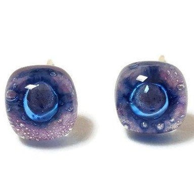 Small Post Lilac and Blue Earrings. Fused Glass Studs. Recycled Glass jewelry. Stud earrings - Handmade Recycled Glass Jewelry 