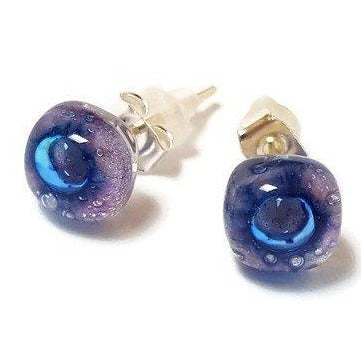 Small Post Lilac and Blue Earrings. Fused Glass Studs. Recycled Glass jewelry. Stud earrings - Handmade Recycled Glass Jewelry 