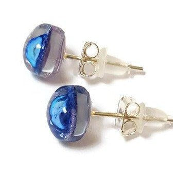 Small Post Lilac and Blue Earrings. Fused Glass Studs. Recycled Glass jewelry. Stud earrings - Handmade Recycled Glass Jewelry 