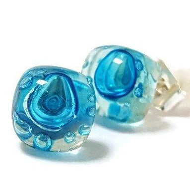 Small Post Turquoise Earrings. Fused Glass Studs. Recycled Glass jewelry. Stud earrings - Handmade Recycled Glass Jewelry 