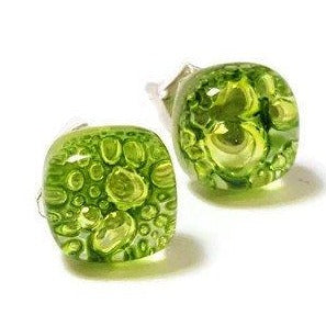 Small Post peridot Green  Earrings. Fused Glass Studs. Recycled Glass jewelry. - Handmade Recycled Glass Jewelry 