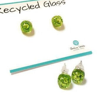 Small Post peridot Green  Earrings. Fused Glass Studs. Recycled Glass jewelry. - Handmade Recycled Glass Jewelry 