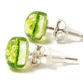 Small Post peridot Green  Earrings. Fused Glass Studs. Recycled Glass jewelry. - Handmade Recycled Glass Jewelry 