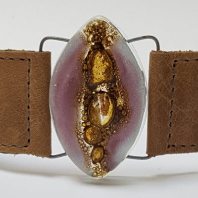 Leather cuff. Lilac  and  Brown Fused Glass and  light Brown leather Bracelet.