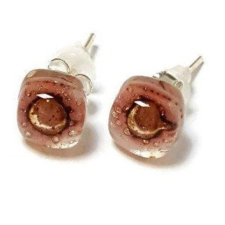 Small Post pink and brown Earrings. Fused Glass Studs. Recycled Glass jewelry. Stud earrings - Handmade Recycled Glass Jewelry 