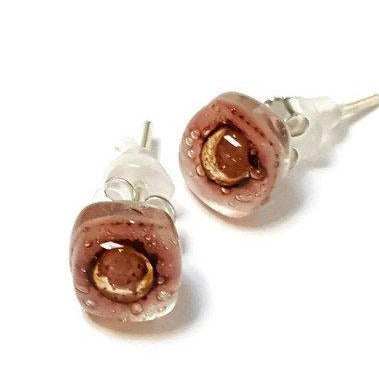 Small Post pink and brown Earrings. Fused Glass Studs. Recycled Glass jewelry. Stud earrings - Handmade Recycled Glass Jewelry 