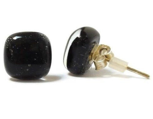 Post Earrings. Recycled glass Earrings. Black Earrings Studs, Fused Glass jewelry - Handmade Recycled Glass Jewelry 