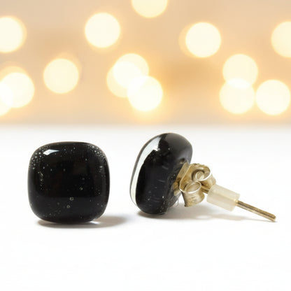 Post Earrings. Recycled glass Earrings. Black Earrings Studs, Fused Glass jewelry - Handmade Recycled Glass Jewelry 