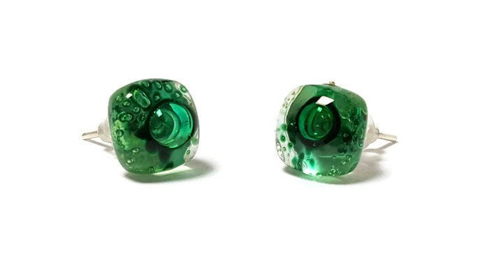 Post Earrings. Recycled glass Earrings. Green Earrings Studs