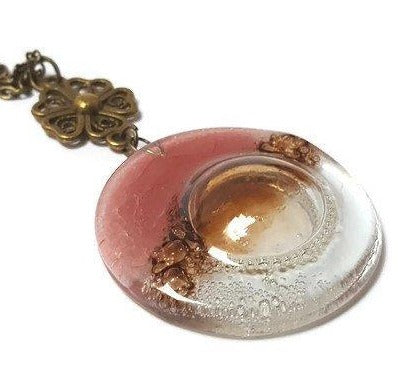 Pink, Brown and Clear pendant. Handmade Recycled Fused Glass Necklace. Long pendant. - Handmade Recycled Glass Jewelry 