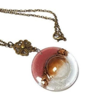 Pink, Brown and Clear pendant. Handmade Recycled Fused Glass Necklace. Long pendant.