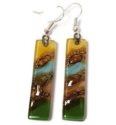 Long Multicolored Earrings Blue, Green, yellow, taupe and brown Fused Glass
