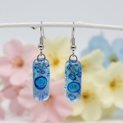 Small Rectangular blue recycled Glass Earrings. Fused Glass Jewelry - Handmade Recycled Glass Jewelry 