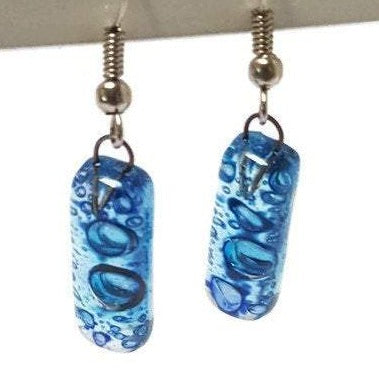 Small Rectangular blue recycled Glass Earrings. Fused Glass Jewelry