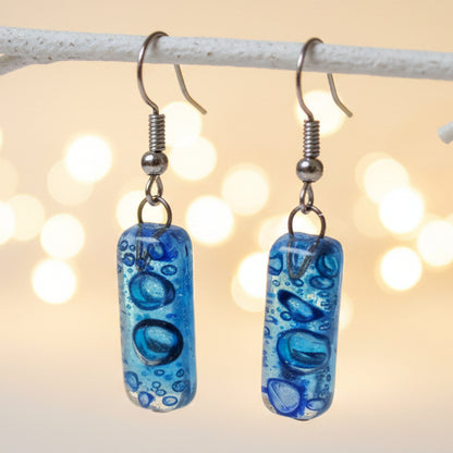 Small Rectangular blue recycled Glass Earrings. Fused Glass Jewelry