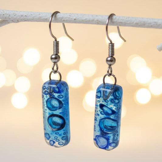 Small Rectangular blue recycled Glass Earrings. Fused Glass Jewelry