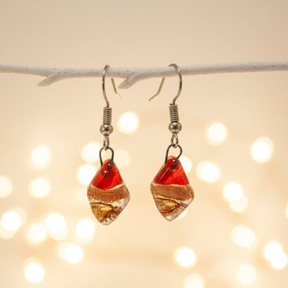 Small Diamond Shaped Red, Copper and brown Recycled Fused Glass Earrings
