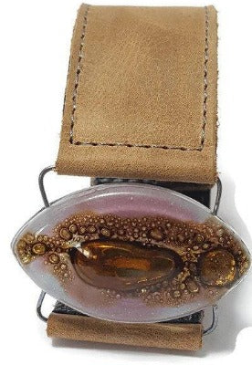 Leather cuff. Lilac  and  Brown Fused Glass and  light Brown leather Bracelet.