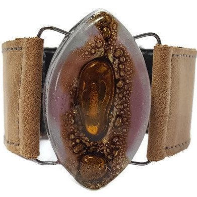 Leather cuff. Lilac  and  Brown Fused Glass and  light Brown leather Bracelet.