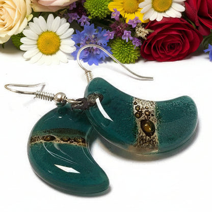 Teal and Brown Moon Earrings Recycled Glass Drop Earrings. Glass Jewelry - Handmade Recycled Glass Jewelry 