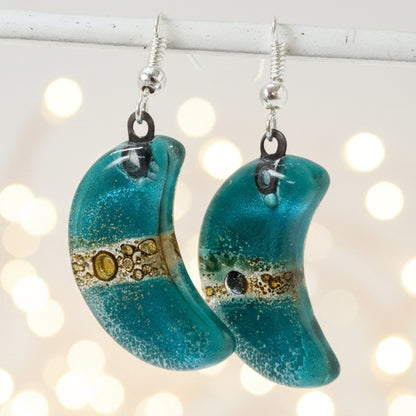 Teal and Brown Moon Earrings Recycled Glass Drop Earrings. Glass Jewelry - Handmade Recycled Glass Jewelry 