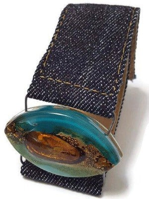 Teal Brown Fused Glass and reclaimed Denim Cuff.  Bracelet.