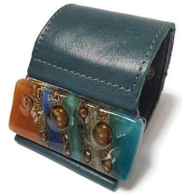 Wide Leather Cuff. Dark green Leather Bracelet. Terracotta, teal  brown and blue cuff