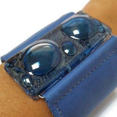 Wide Leather Cuff. Blue Leather Bracelet. Recycled glass Bracelet. Blue Cuff