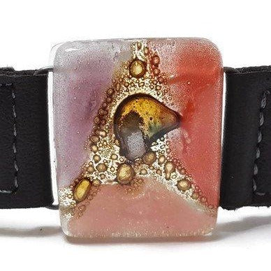 Red, pink, lilac and brown  Recycled Glass and black leather cuff. Reclaimed Leather Bracelet - Handmade Recycled Glass Jewelry 