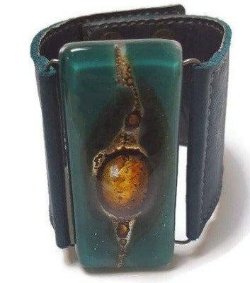 Teal and Brown Fused Glass and Leather Bracelet. Wide Leather Cuff. - Handmade Recycled Glass Jewelry 