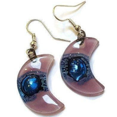 Moon Earrings. Lilac and blue Recycled Glass Drop Earrings. Dangle earrings