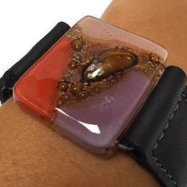 Red, pink, lilac and brown  Recycled Glass and black leather cuff. Reclaimed Leather Bracelet - Handmade Recycled Glass Jewelry 