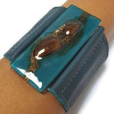 Teal and Brown Fused Glass and Leather Bracelet. Wide Leather Cuff.