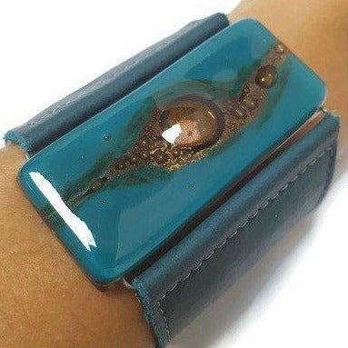 Teal and Brown Fused Glass and Leather Bracelet. Wide Leather Cuff. - Handmade Recycled Glass Jewelry 
