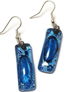 Blue Long Earrings. Different bubbles. Recycled Glass earrings. Fused glass jewelry.