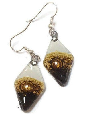 Fused Glass Black, white Brown Diamond Shape Recycled Glass Drop Earrings. Fused Glass