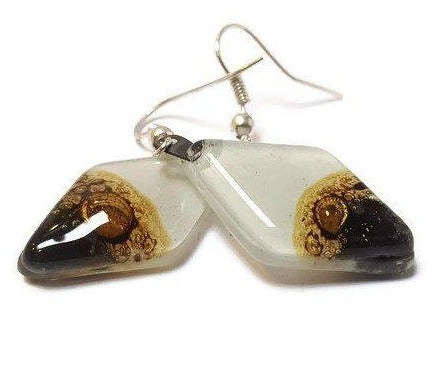 Fused Glass Black, white Brown Diamond Shape Recycled Glass Drop Earrings. Fused Glass